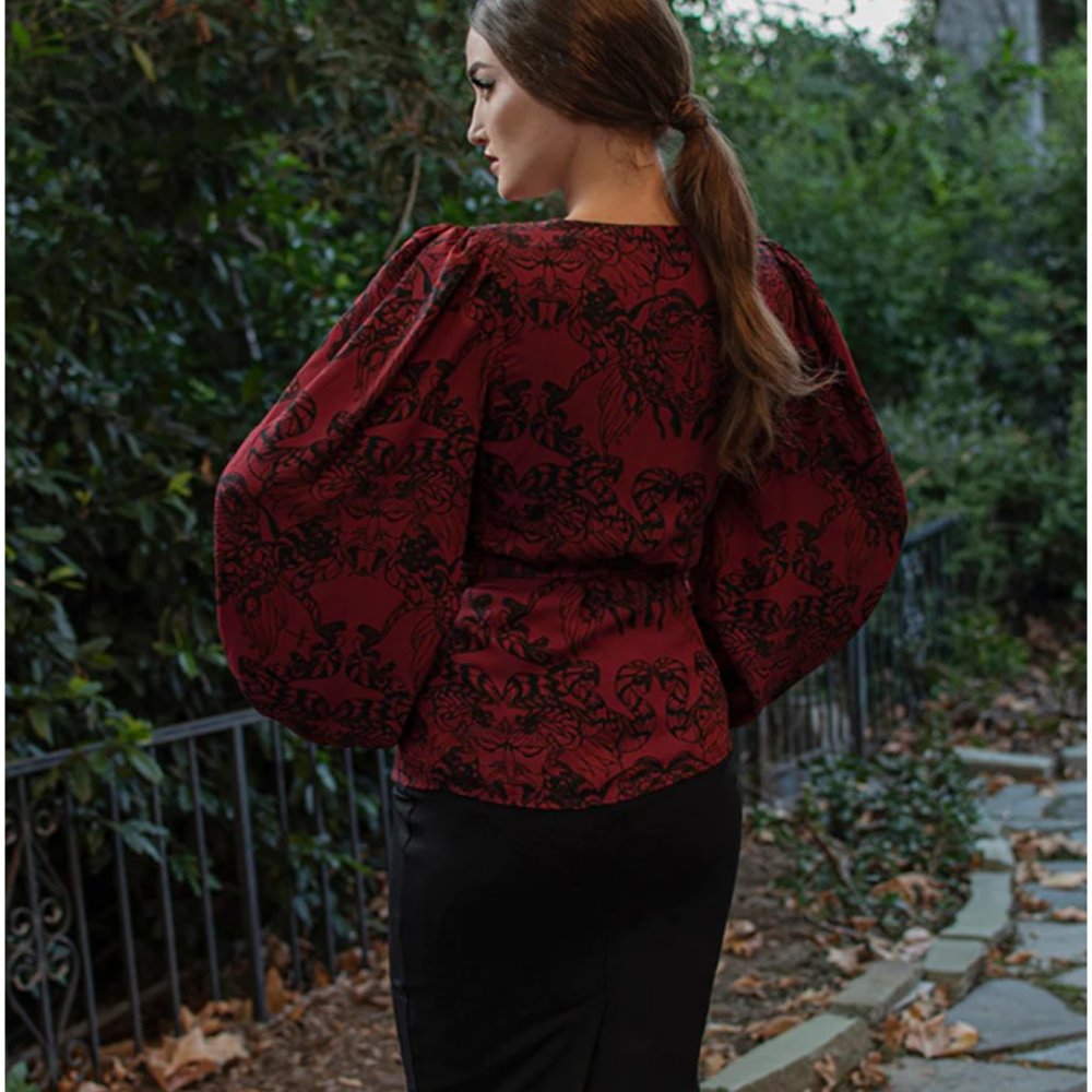 S - Georgette Wrap Top in Gorgon Print by Natalie Hall - La Femme En Noir